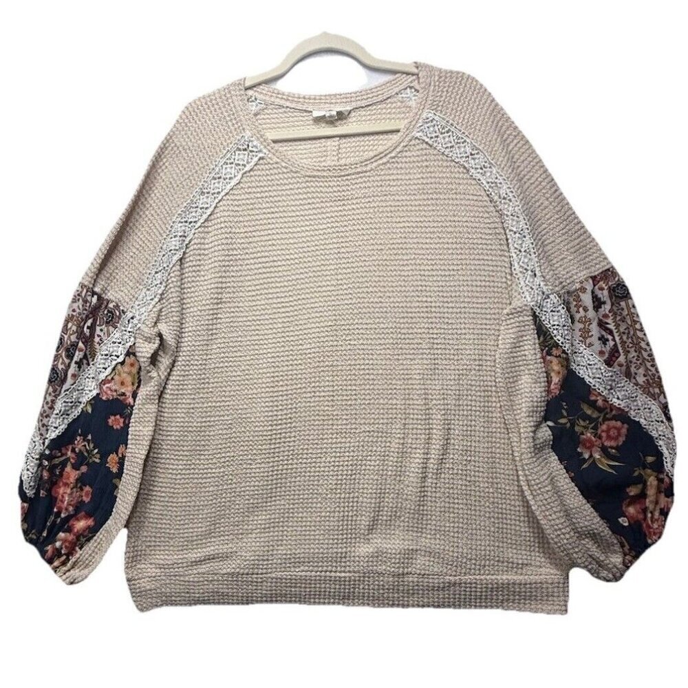 Entro Women's Thermal Cream Top Floral Balloon Puff Sleeve Boho Drop Shoulder XL
